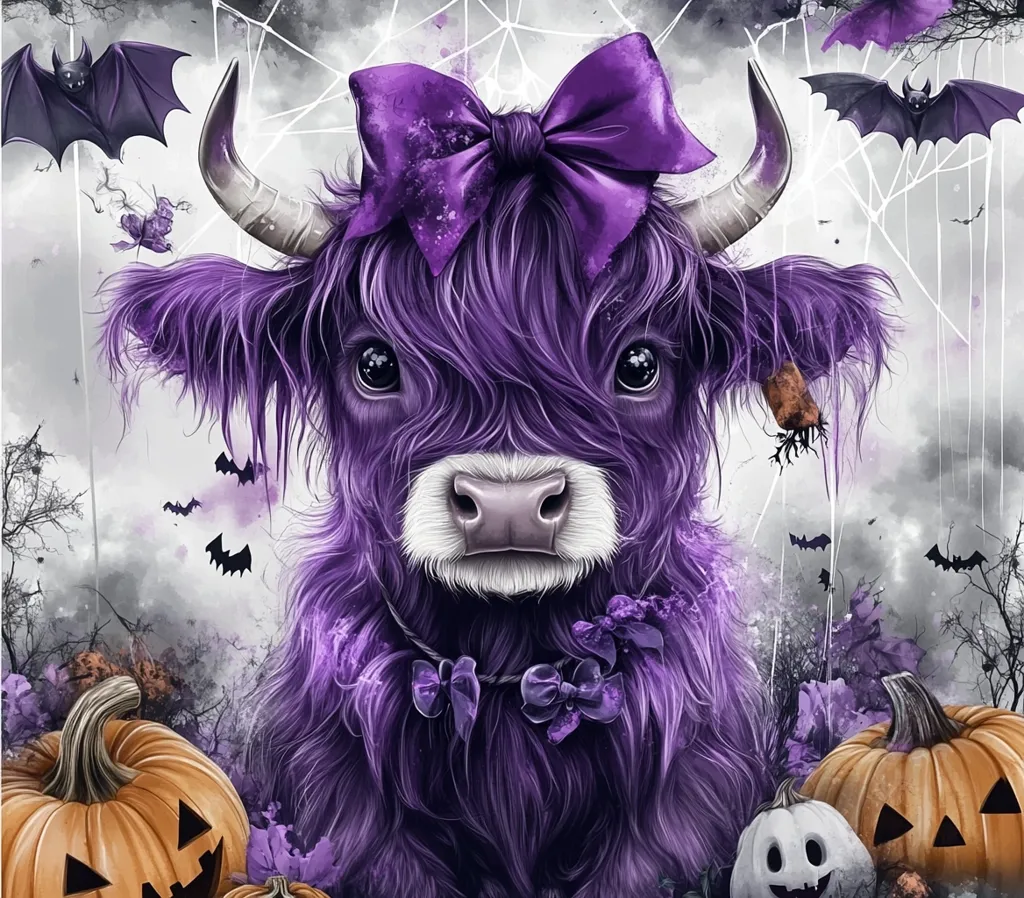 A purple Highland cow with a purple bow stands in a Halloween scene. The cow has a white face and is surrounded by bats, spiderwebs, and pumpkins. The image has a whimsical, spooky, and cute vibe.