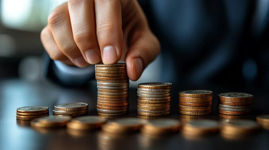 A hand reaches down to a table, delicately placing a coin on top of a stack of coins.  The coins are arranged in a row, getting smaller as they move to the right. The image evokes a sense of financial growth and stability.  The background is blurred, suggesting a focus on the coins and the hand's careful action.  The image uses a shallow depth of field, highlighting the coins in the foreground.