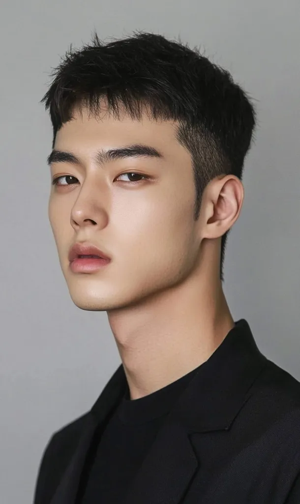 The image shows a young man with short black hair and a serious expression. He is wearing a black blazer over a black t-shirt. His face is smooth and his eyes are dark. The background is a plain gray wall. The lighting is soft, casting a subtle glow on his skin. His eyes are focused and intense.  He seems to be gazing intently at something off-camera. The image exudes a sense of quiet determination and contemplation.