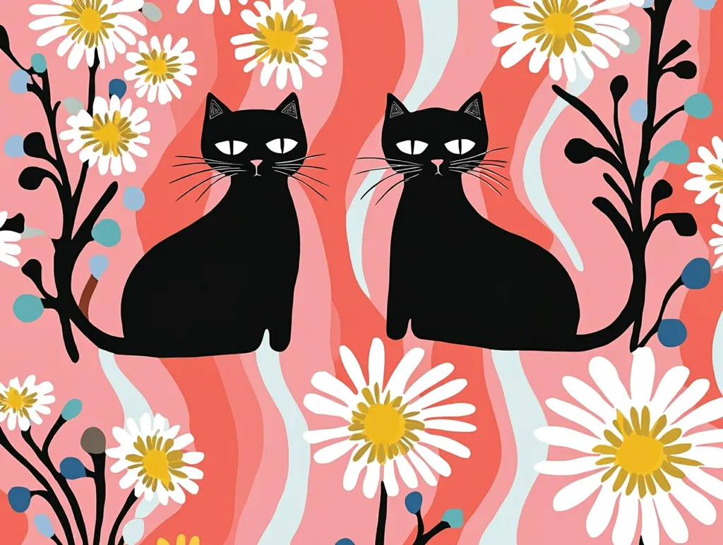 Two black cats sit against a vibrant pink background patterned with white daisies and swirling lines. The cats are stylized with simple, rounded features and large, expressive eyes. The image is a playful and colorful depiction of feline friends amidst a whimsical floral setting.