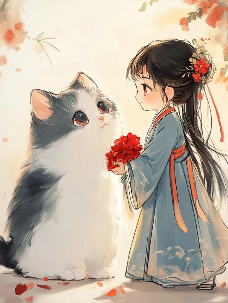 A young girl in a blue and red traditional dress stands with a bouquet of red flowers. She is looking at a large, fluffy, grey and white cat with big, round eyes. The scene is set against a background of falling cherry blossoms and a soft, golden light. The girl's expression is one of sweetness and affection, and the cat seems to be enjoying the attention. The image evokes a sense of innocence and tranquility.