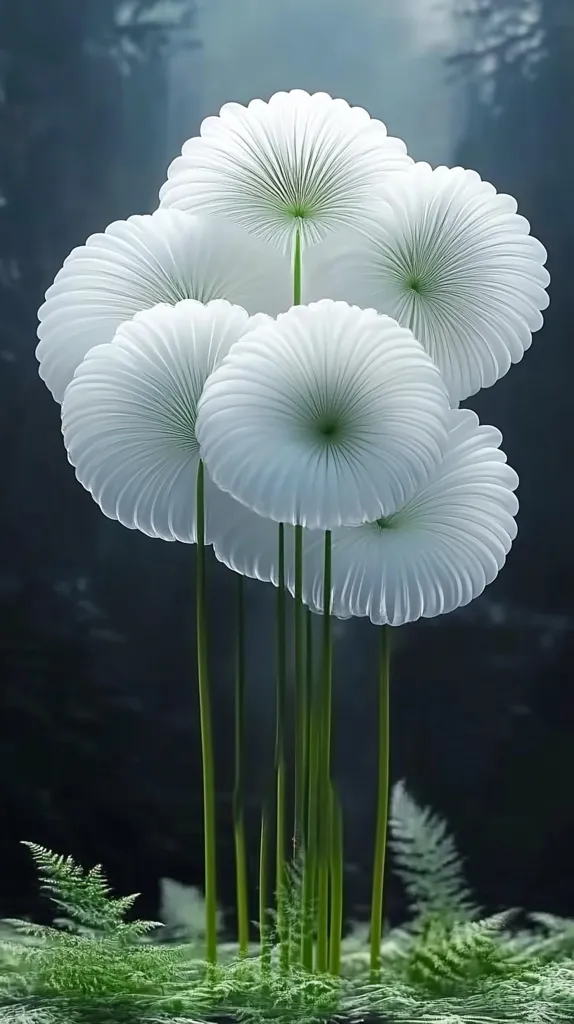 Five delicate white flowers with layered petals resemble upside down umbrellas, their stems rising from a bed of verdant ferns. The flowers create a whimsical and ethereal atmosphere, contrasting with the dark background. Light casts a soft glow on the petals, highlighting their intricate details. The image evokes a sense of quiet elegance and natural wonder.