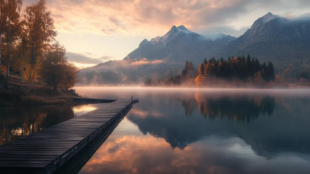 The image depicts a serene lakeside scene with a wooden dock extending into calm water. The water is a deep blue, reflecting the sky and a nearby mountain range. A misty fog hangs over the lake, adding an ethereal quality to the scene. The mountains are covered in trees and snow, and the sky is painted with a soft pink and orange glow of sunrise or sunset. The overall impression is one of tranquility and natural beauty.
