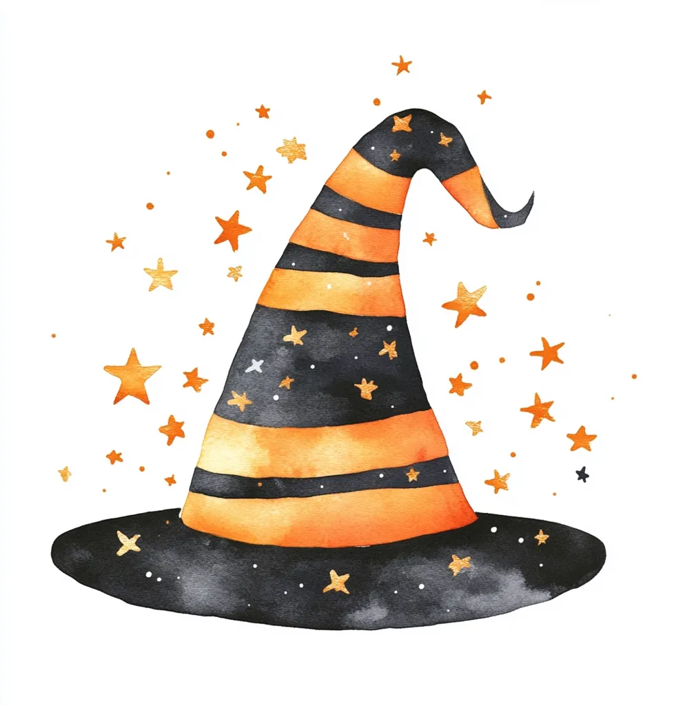 The image is a watercolor painting of a witch's hat. The hat is black with orange stripes, and it is adorned with gold stars. The hat is surrounded by a scattering of gold stars, suggesting magic. The painting is whimsical and festive, perfect for Halloween.