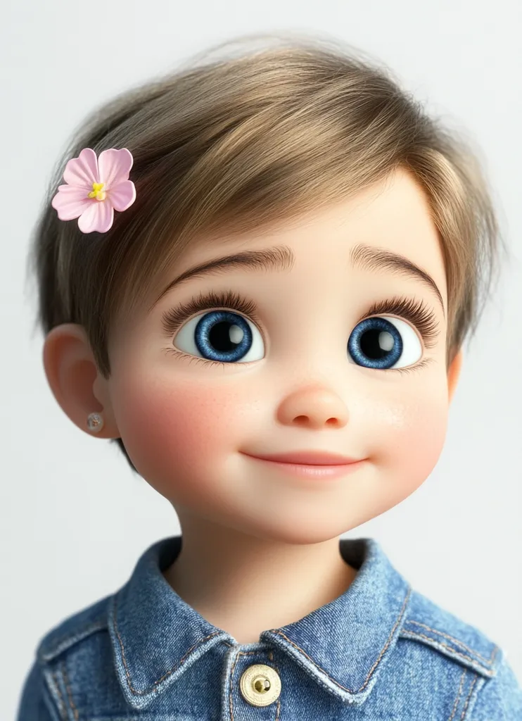 The image shows a cartoon-style portrait of a young girl with blonde hair, big blue eyes, and rosy cheeks. She has a pink flower in her hair and is wearing a denim jacket. Her expression is happy and playful, with a slight smile on her face. The background is a plain white, making the girl the focus of the image.