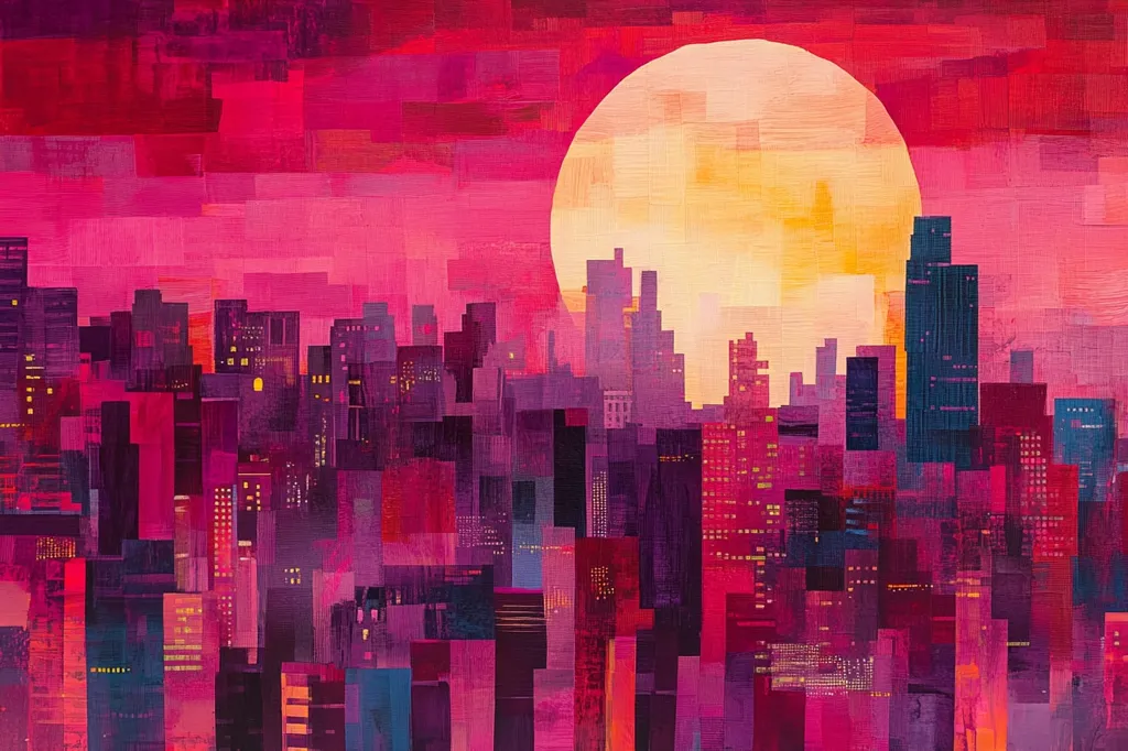 A city skyline is depicted in a stylized, abstract style. The buildings are made up of blocks of various shades of purple, pink, and red, creating a vibrant and textured effect. A large, yellow-toned sun, also made of blocks, dominates the upper right corner of the image. The entire scene has a warm, almost glowing quality, suggesting a sunset or sunrise. The abstract style evokes a sense of energy and dynamism, capturing the essence of urban life.