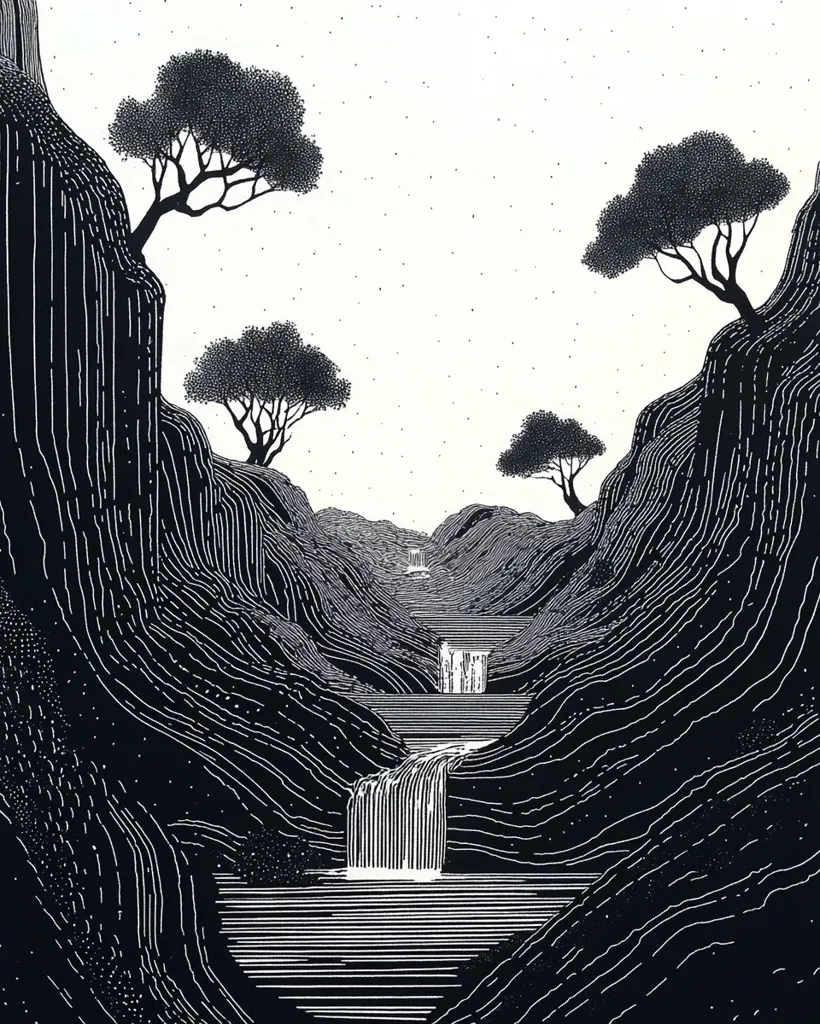 The image is a black and white illustration of a waterfall cascading down a series of rocky steps. The waterfall flows into a pool of water at the bottom. The surrounding landscape is composed of intricate lines that create a sense of depth and texture. The sky is filled with small dots, suggesting a starry night. Silhouettes of trees stand tall against the white background, adding a sense of scale and tranquility.