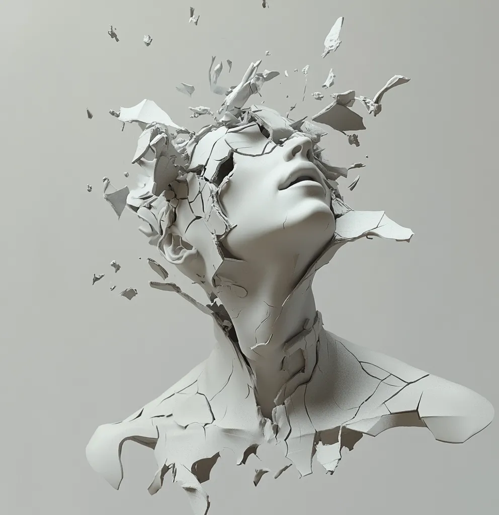 The image is a close-up of a white, cracked sculpture of a woman's head and shoulders. The sculpture is fragmented, with pieces of the woman's face, hair, and neck breaking away from the main form. The woman is looking upwards, and her expression is one of peace or resignation. The image is a powerful metaphor for the fragility of life and the inevitability of change.