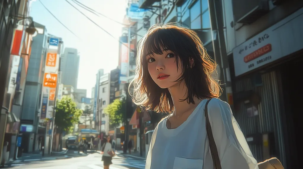 A young woman with short brown hair stands on a busy city street. The sun shines brightly, casting long shadows from the buildings. The woman is wearing a white shirt and a brown purse. The background is blurred, giving the image a sense of movement and energy. The overall scene is a portrait of urban life.