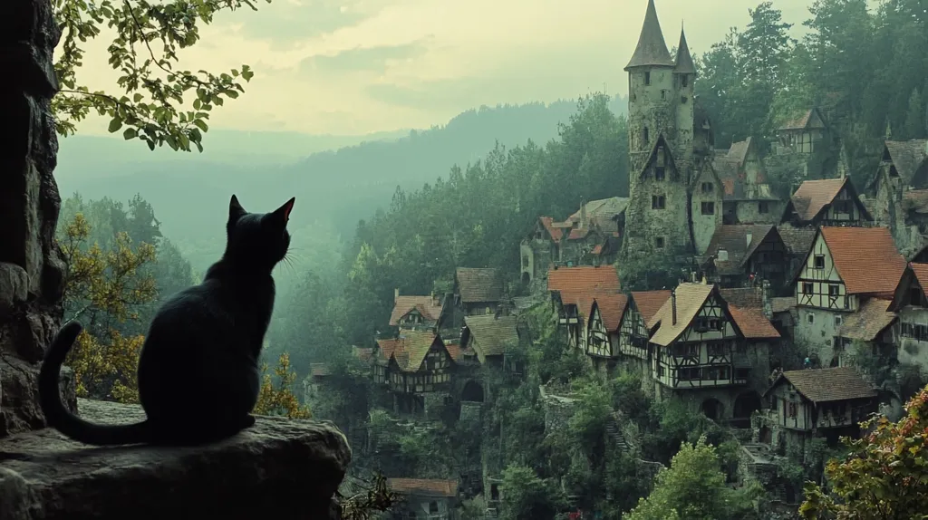 A black cat sits on a rocky ledge, gazing out at a misty, medieval village nestled in a lush, green valley. The village is built into the hillside, with tall, stone buildings and winding streets. A large, imposing tower dominates the scene, its pointed roof reaching for the sky. The air is thick with fog, giving the scene a sense of mystery and enchantment.