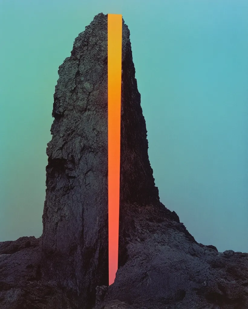 A tall, jagged rock formation stands against a blue sky. A vertical slice of bright orange light illuminates the center of the rock, creating a dramatic contrast against the dark, textured surface. The light appears to be emanating from within the rock, suggesting a hidden source or a powerful energy. The scene is both awe-inspiring and mysterious, leaving the viewer to ponder the nature of the light and its connection to the rock.