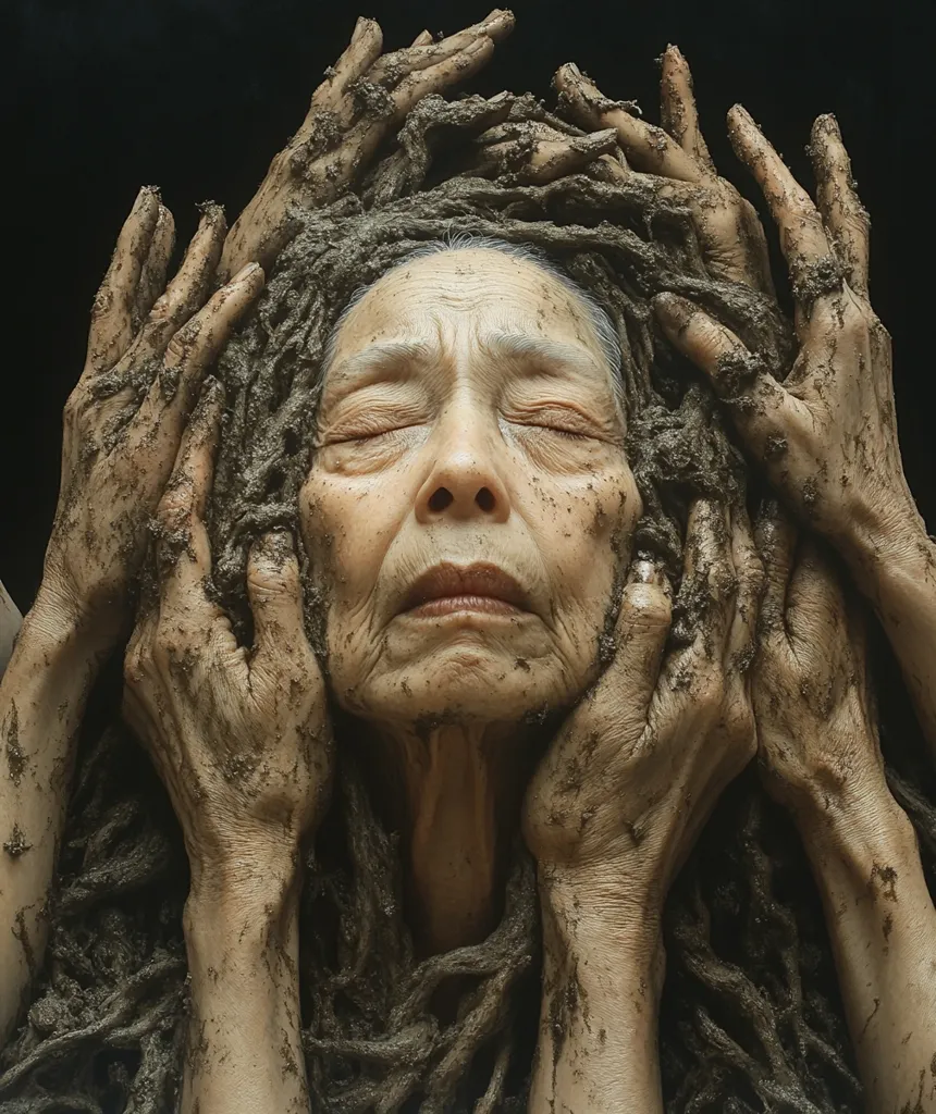 An older woman's face is surrounded by a mass of dark, muddy hair, her eyes are closed and her face is serene. Multiple hands, also covered in mud, cradle her face and hair. The image evokes a sense of unity with nature and the earth. The use of mud as a visual element creates a powerful and symbolic image.