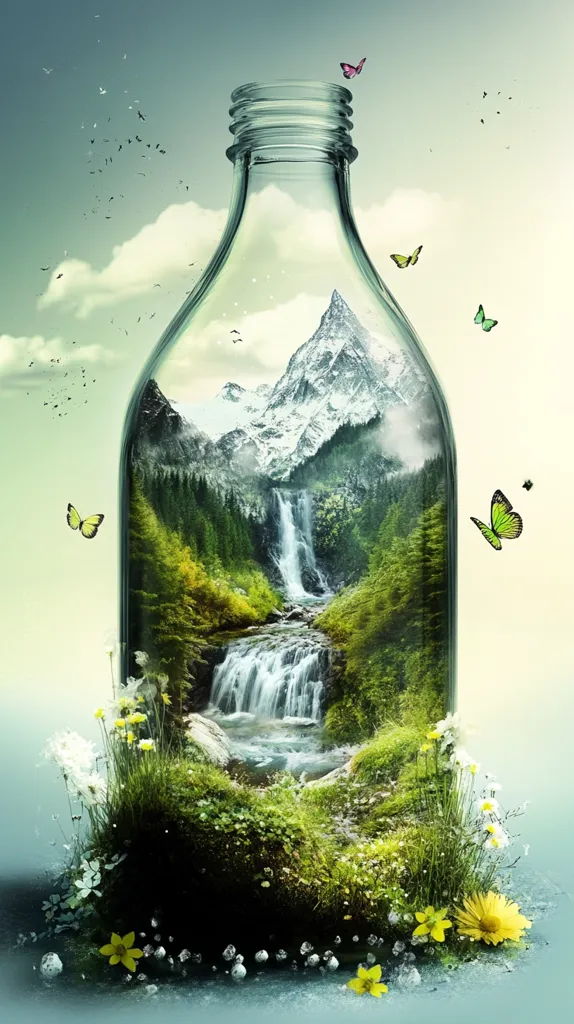 A glass bottle, resembling a milk bottle, contains a miniature landscape. Inside, a waterfall cascades down a snow-capped mountain, surrounded by lush greenery.  Butterflies flutter around the bottle, adding to the whimsical scene. The base of the bottle is adorned with delicate yellow flowers and green grass, completing the illusion of a bottled world. The image evokes a sense of wonder and the beauty of nature captured within a simple object.