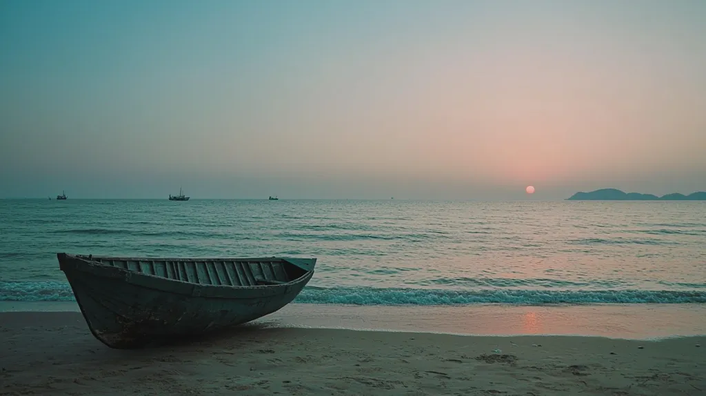A lone wooden boat sits on a sandy beach, facing the calm ocean. The sun is setting in the distance, casting a warm glow on the water. The sky is a pale blue, blending into a soft pink horizon. The scene is serene and tranquil, creating a sense of peace and solitude.  The distant silhouettes of boats on the water add a touch of mystery to the scene.