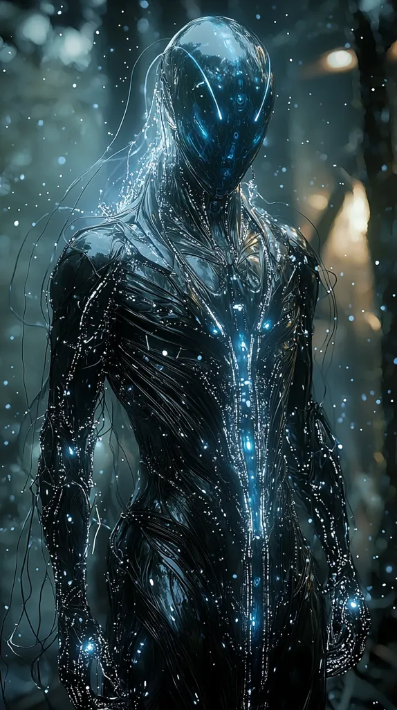 A humanoid figure, seemingly made of black, shiny metal, stands against a dark, blurry background. Its body is covered in thin wires and glowing blue lights. It has a sleek, helmet-like head that obscures its face. The figure appears to be a futuristic, possibly artificial, being. Its stance suggests a sense of power and mystery. The overall atmosphere is dark and enigmatic.