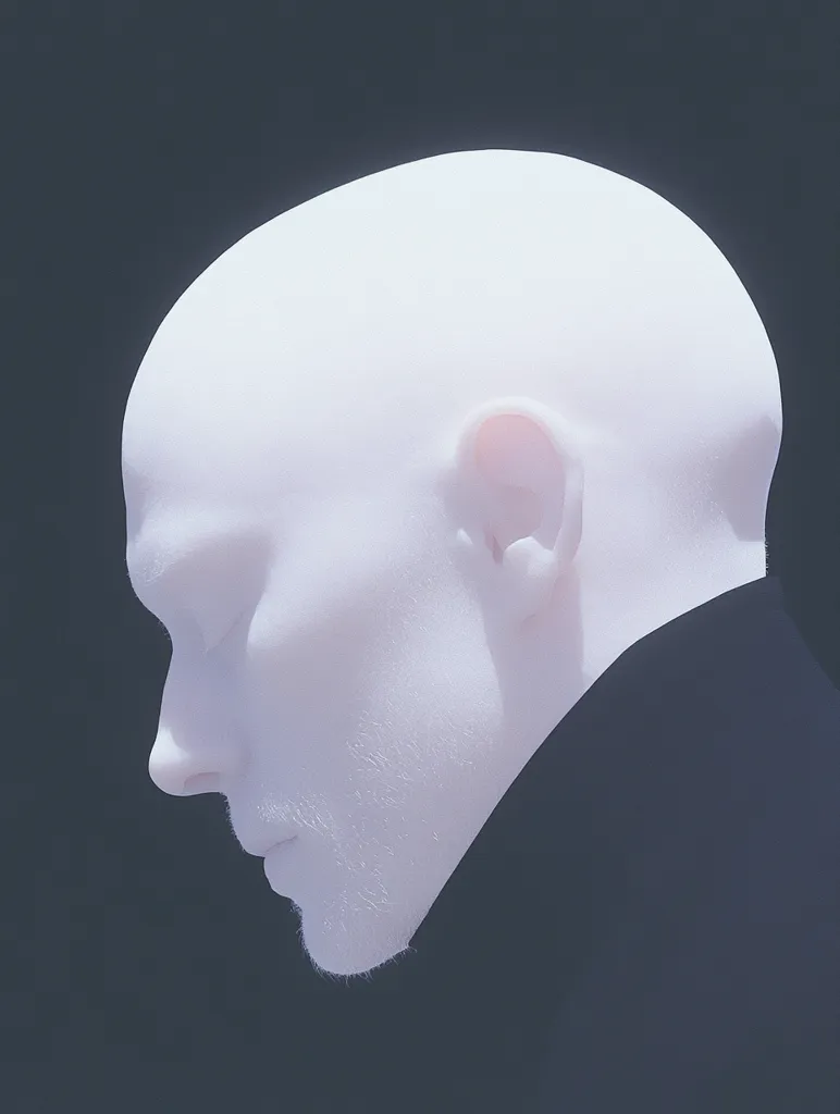 The image is a close-up portrait of a person's face in profile. Their skin is completely white, and they have a smooth, hairless head. They are wearing a black shirt, and their eyes are closed. The image is taken from a low angle, and the background is a dark, almost black, color. The lighting is soft and diffused, creating a hazy, ethereal effect. The person appears to be in a state of contemplation or quiet introspection.