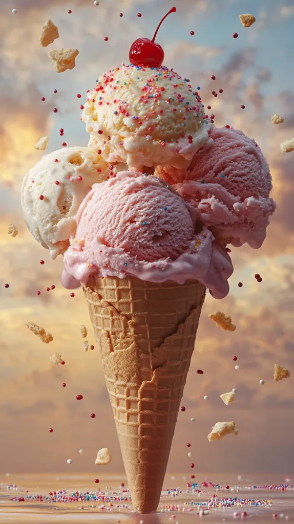 A waffle cone filled with vanilla, strawberry, and chocolate ice cream is tipped over, with sprinkles and a cherry falling off. The ice cream is decorated with colorful sprinkles and a single cherry on top. The background features a soft, pastel sunset with a few clouds. The image evokes a playful and whimsical feel, with the melting ice cream and scattered sprinkles creating a sense of carefree joy.