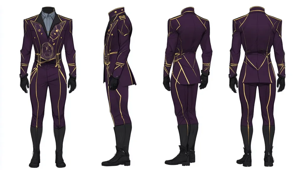 The image shows a design for a male outfit. It is a purple suit with gold trim. The suit includes a long-sleeved jacket, pants, and tall boots. The outfit is shown from three different angles: front, side, and back. The design is detailed, with the gold trim creating intricate patterns on the suit. The overall look is sleek and sophisticated.