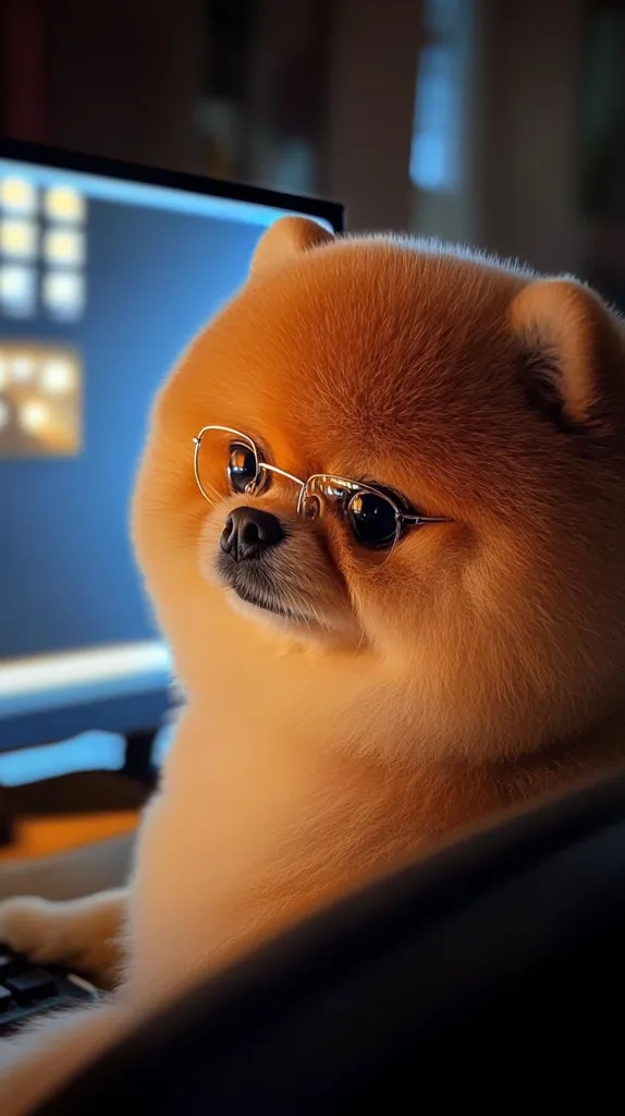 A small, fluffy dog with big brown eyes sits in front of a computer screen, wearing glasses. The dog is looking intently at the screen, possibly working or playing. Its fur is a soft, light brown, and its paws are resting on a black keyboard. The image captures a moment of canine curiosity and technology.