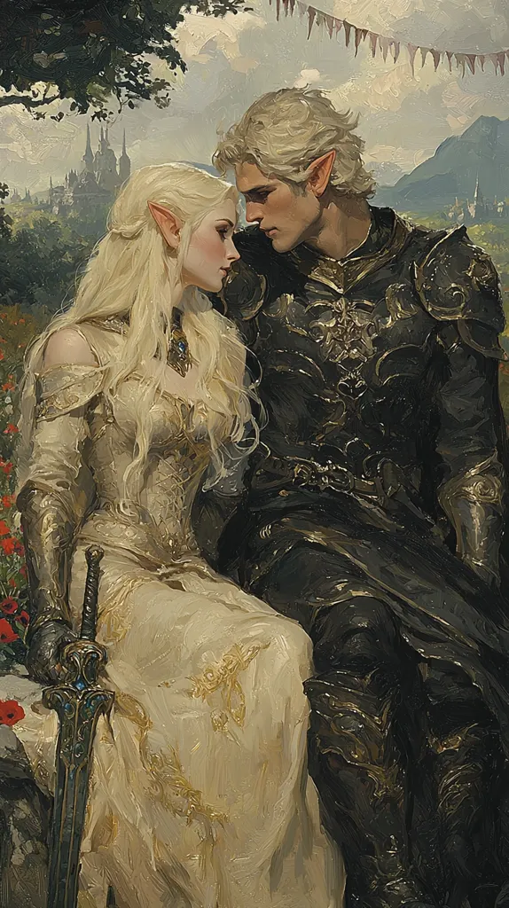 The image depicts a romantic scene between a knight in black armor and an elf woman in a flowing white gown. The knight's arm is around the woman's waist, and they are looking at each other with affection. The woman's hand rests on a sword that is lying between them. In the background, a castle and rolling hills suggest a fantasy setting. The painting is filled with warmth and a sense of love and devotion.