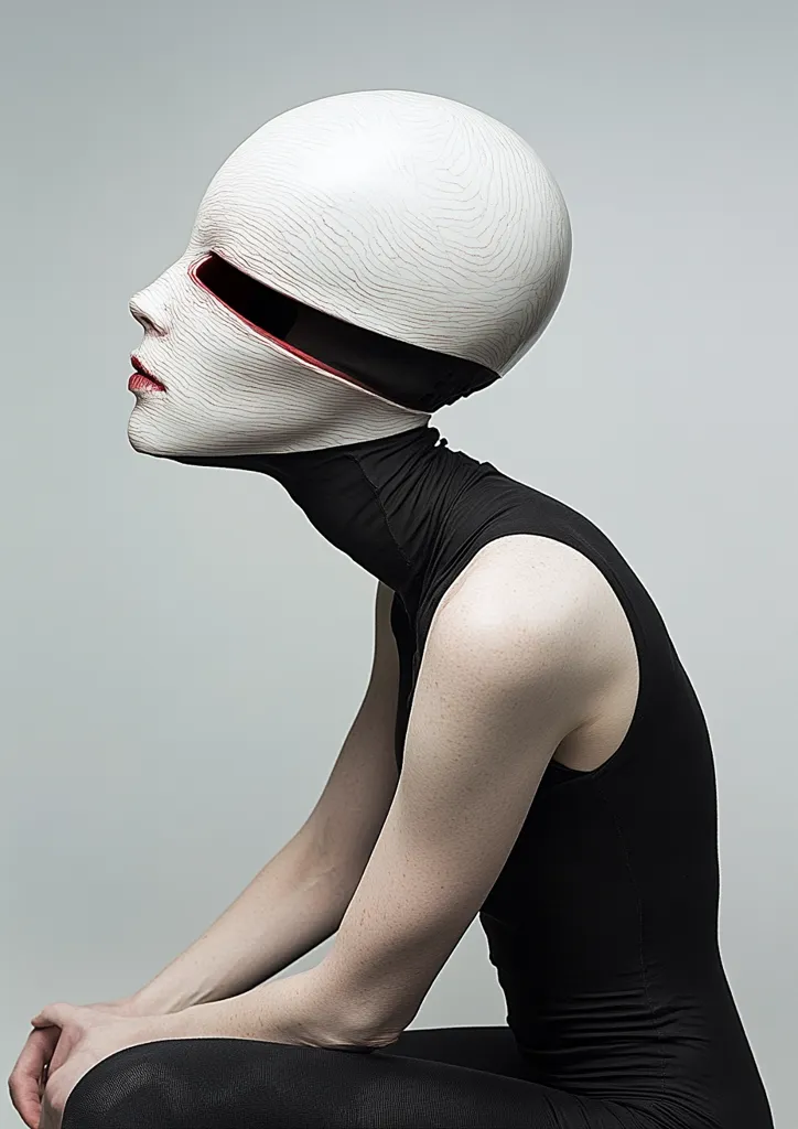 A person is wearing a white helmet with a black strap and a red line running along the edge. The helmet is textured and looks like a skull. The person is wearing a black bodysuit and has their arms crossed in front of them. The background is a plain grey. The image has a futuristic and mysterious feel.