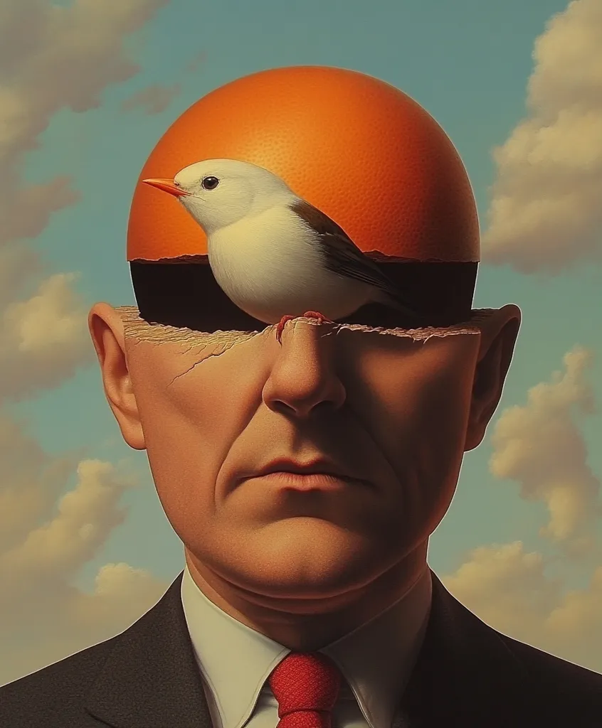 A man in a suit with a red tie, has his head cracked open. A white bird sits on the edge of the broken orange, peering out from the top of his head. The man has a serious expression and the background is a cloudy sky. The painting is surreal and symbolic, suggesting a hidden truth or inner conflict.