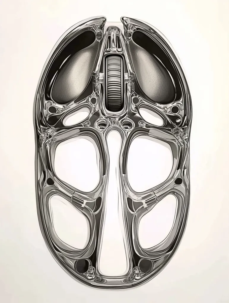 The image shows a close-up of a futuristic, metallic object. Its smooth, curved surface is punctuated by intricate patterns of holes and ridges, creating a complex and abstract design. A central wheel, seemingly for rotation, is positioned at the top of the object. The object's metallic sheen suggests a sleek and sophisticated design, hinting at a possible technological function.  The overall effect is one of sleekness and technological advancement.