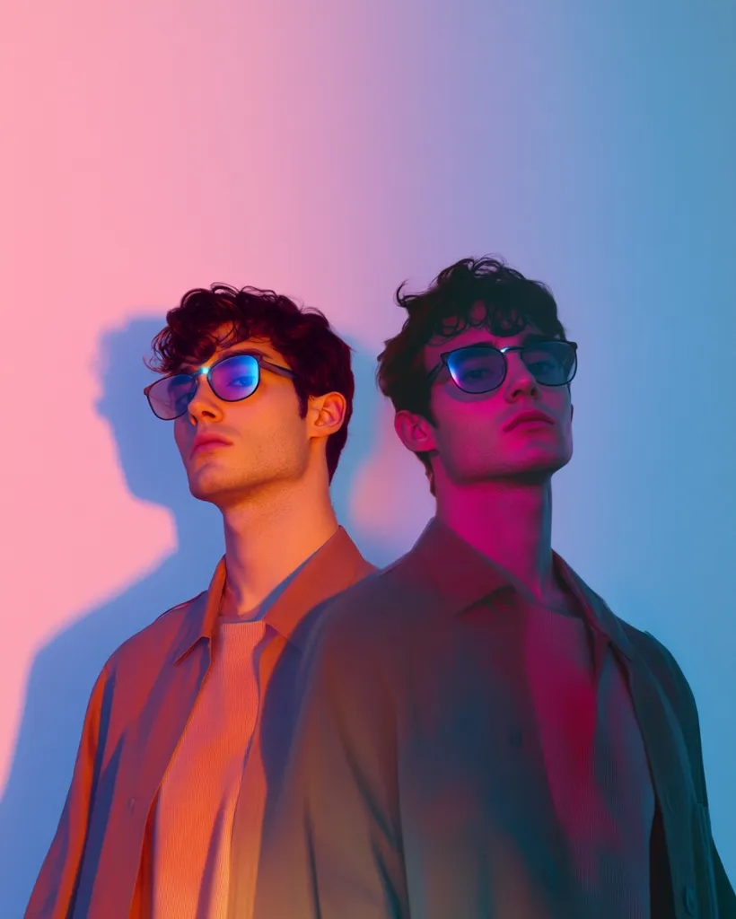 Two young men, standing side by side, wear sunglasses and pose against a backdrop of pink and blue hues. The lighting casts dramatic shadows, highlighting their features and creating a moody atmosphere. Both men are dressed in casual attire, with a hint of a stylish edge.  The image suggests a sense of cool and confident masculinity.