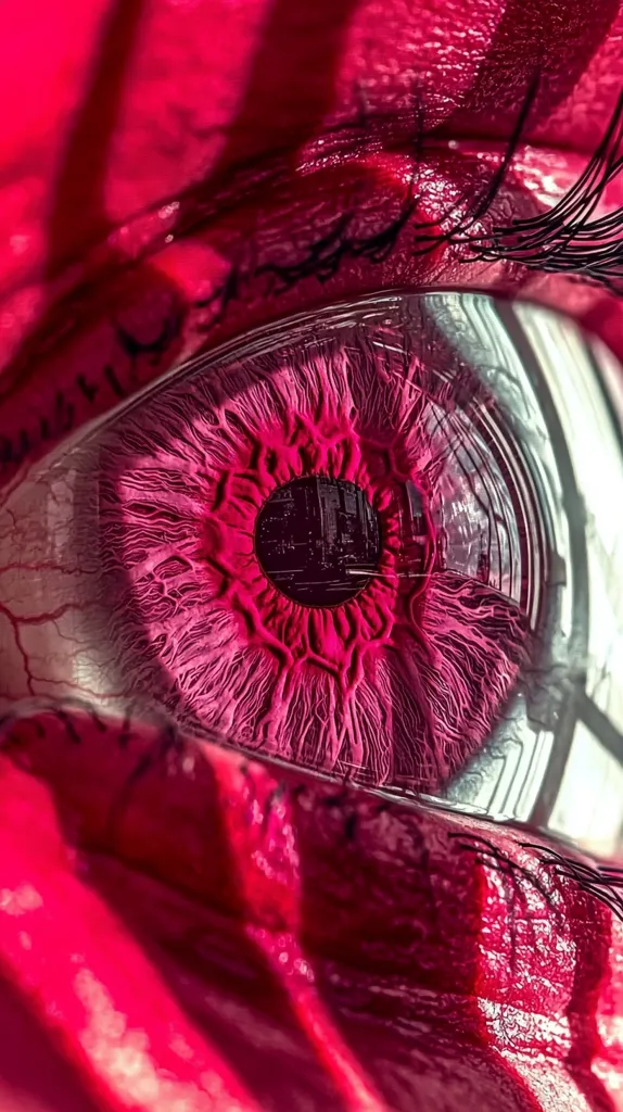 A close-up of a bright pink eye. The iris is a complex pattern of fine lines, and the pupil is a dark, circular shape. The eyelashes are long and dark, and the skin around the eye is smooth and shiny. The image is abstract and suggestive, and it evokes a sense of mystery and intrigue.