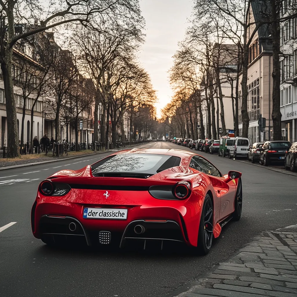 A bright red Ferrari 488 GTE is parked in the middle of a quiet city street. The car is facing away from the camera and has a black rear diffuser, black wheels, and a black rear spoiler. The car is clean and shiny, and the sun is setting in the background. There are trees lining the street, and the buildings in the background are out of focus.  The car has a license plate that says "der klassische."  The car is in a setting of beautiful fall colors.