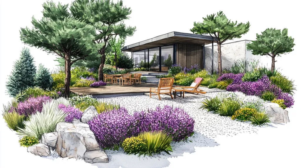 The image is a watercolor rendering of a modern house with a large backyard. The backyard has a patio with a wooden deck and a gravel pathway, surrounded by lush green trees and lavender bushes. Two lounge chairs, a table with chairs, and a large rock are also featured. The design of the backyard creates a serene and relaxing atmosphere.
