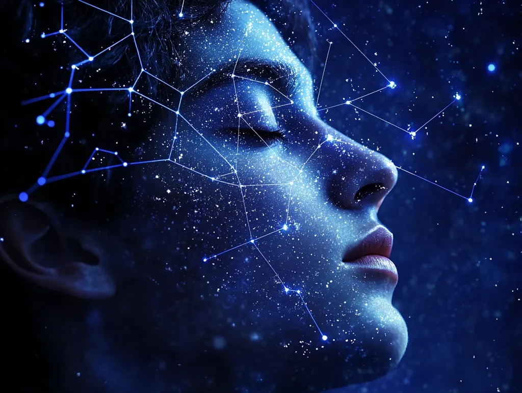 The image depicts a close-up of a person's face, with their eyes closed and their head tilted upwards. Their skin is covered in a constellation of blue stars and lines, creating an otherworldly and ethereal atmosphere. The background is a dark blue, representing the vastness of space, while the light emanating from the face suggests a connection to a higher power or a deeper understanding. The image could symbolize the beauty and wonder of the universe, or perhaps the interconnectedness of all things. It is a mesmerizing and evocative portrait that captures the imagination.