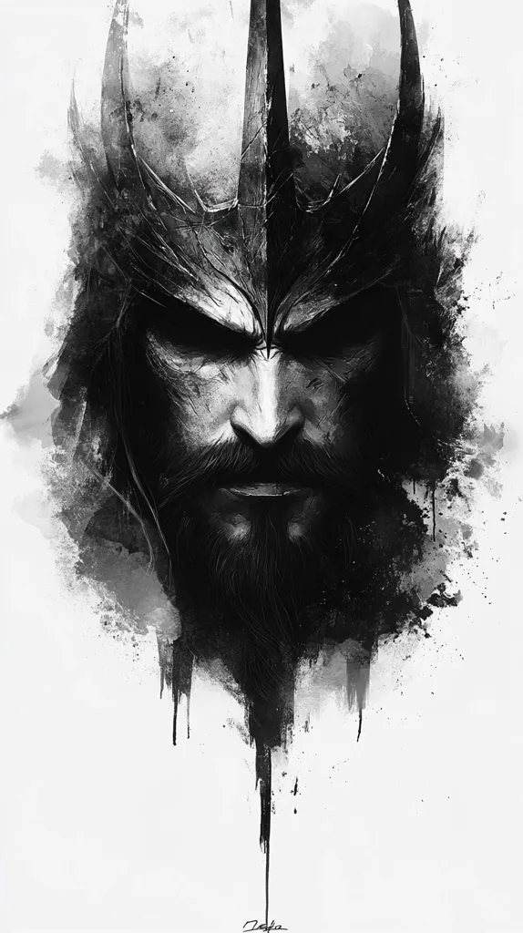 The image is a black and white portrait of a man with a beard and a crown-like helmet. The image is created using a digital painting style, with dark, bold strokes and splashes of black paint. The man's face is obscured by shadows, but his intense expression and strong features are visible. The overall image is dramatic and powerful, conveying a sense of mystery and authority.
