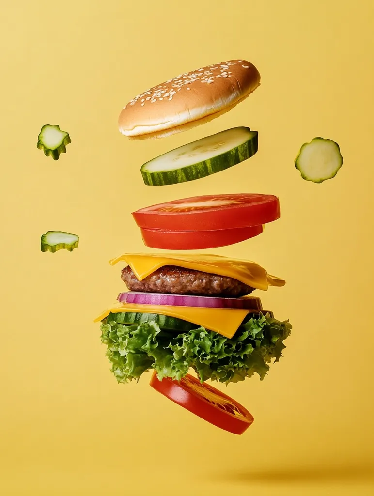 A burger is being assembled in mid-air. The ingredients, including a sesame seed bun, a beef patty, cheese, lettuce, tomato, onion and cucumber, float against a bright yellow backdrop. The composition emphasizes the individual components of the classic burger, creating a whimsical and appetizing visual.