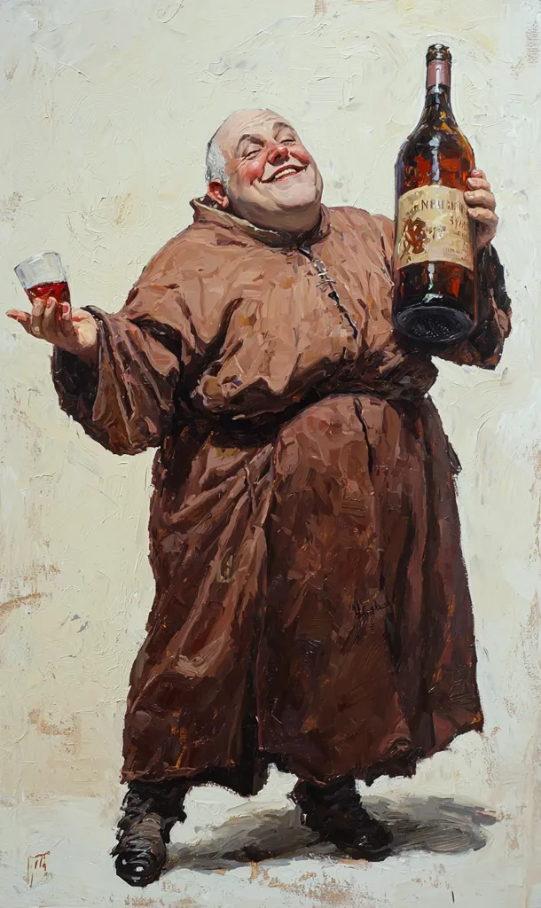 A painting of a man wearing a brown robe and holding a large bottle of wine and a small glass of wine.  He is smiling and looks happy.  The painting is done in a realistic style with lots of detail.  The background is a simple off-white.