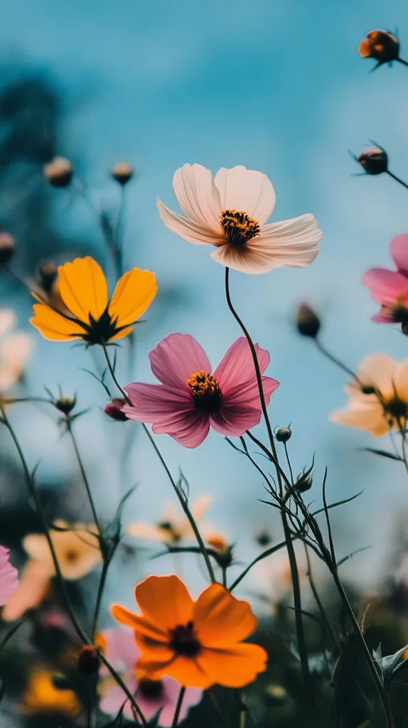 The image shows a field of colorful cosmos flowers against a bright blue sky. The flowers are in various shades of pink, white, orange and yellow, creating a vibrant and beautiful scene. The stems of the flowers are thin and delicate, and they sway gently in the breeze. The sky is clear and cloudless, and the overall atmosphere is one of peace and tranquility.