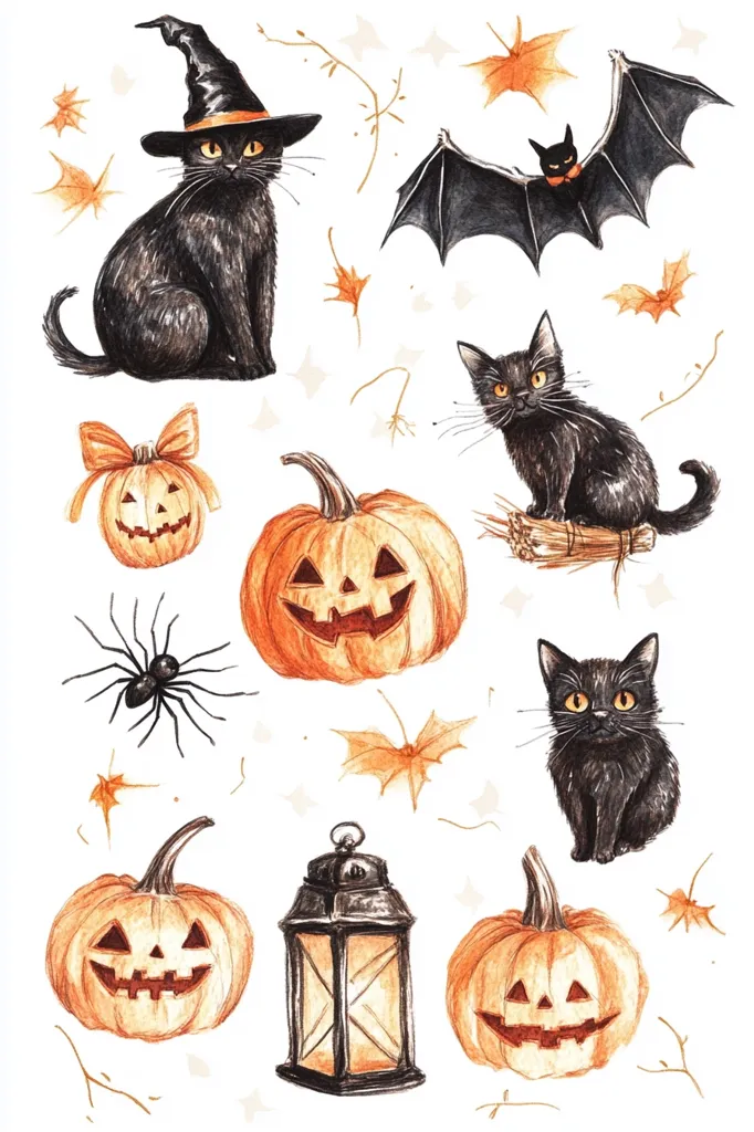 The image is a watercolor painting with a Halloween theme. It features black cats, pumpkins, a bat, a spider, a lantern, and autumn leaves on a white background. The cats are depicted in various poses, including a black cat wearing a witch's hat. The pumpkins have carved faces, and the bat is flying with its wings spread wide. The lantern is glowing with light. The painting is whimsical and festive, capturing the spirit of Halloween.