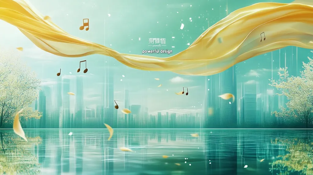 The image is a dreamy and abstract representation of a city. A soft, golden fabric drapes across the scene, evoking a sense of tranquility. The cityscape is rendered in a hazy, ethereal style, with buildings fading into the background. The fabric is decorated with musical notes, suggesting a harmonious and peaceful atmosphere. The sky is a pale blue, dotted with tiny white specks that resemble falling snow or rain. The bottom of the image shows a calm, reflective body of water, mirroring the city above. The overall tone is serene and tranquil.  The image is reminiscent of a peaceful oasis within a bustling city.