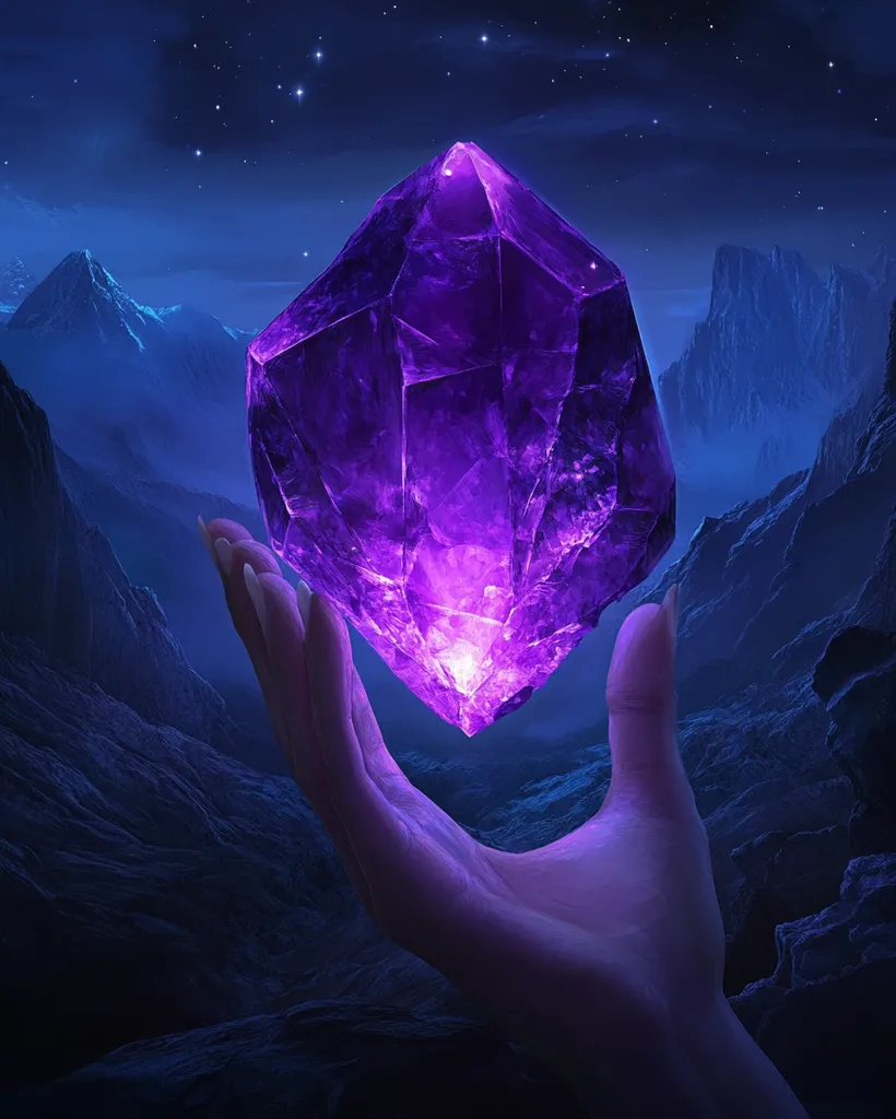 A large, glowing purple crystal is held aloft by a hand in a mystical, nighttime landscape. The crystal casts an ethereal light on the surrounding mountains and the starry sky.  The scene evokes a sense of wonder, magic, and the power of nature.