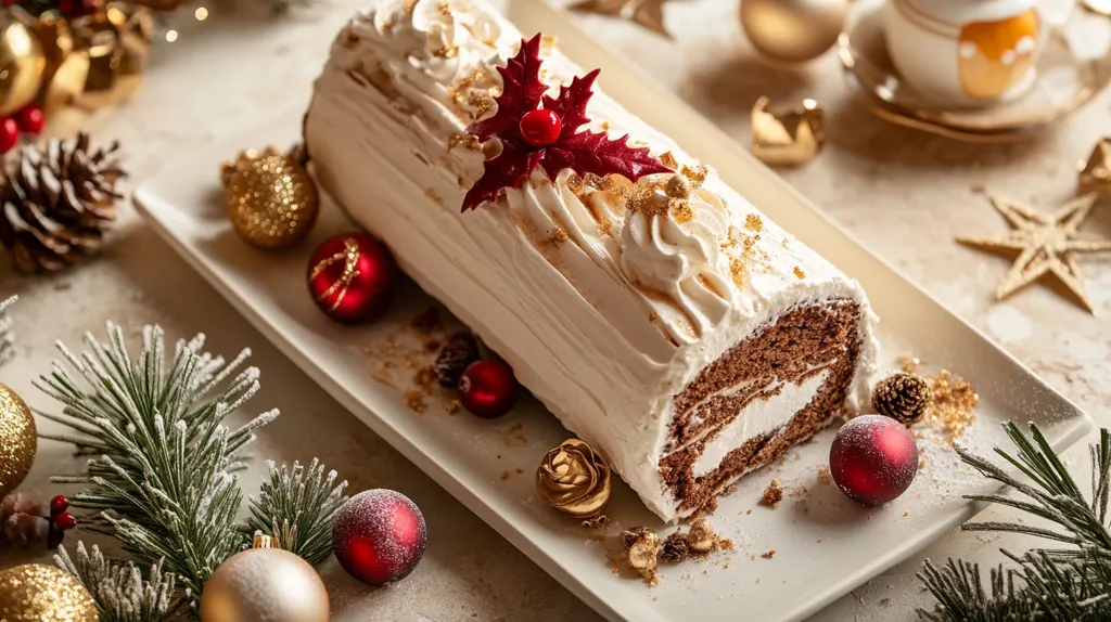 A Yule log cake, decorated with white frosting, gold sprinkles, and a red holly sprig, sits on a white platter surrounded by Christmas ornaments, sprigs of pine, and a cup of tea. The cake is a festive centerpiece for a holiday gathering.