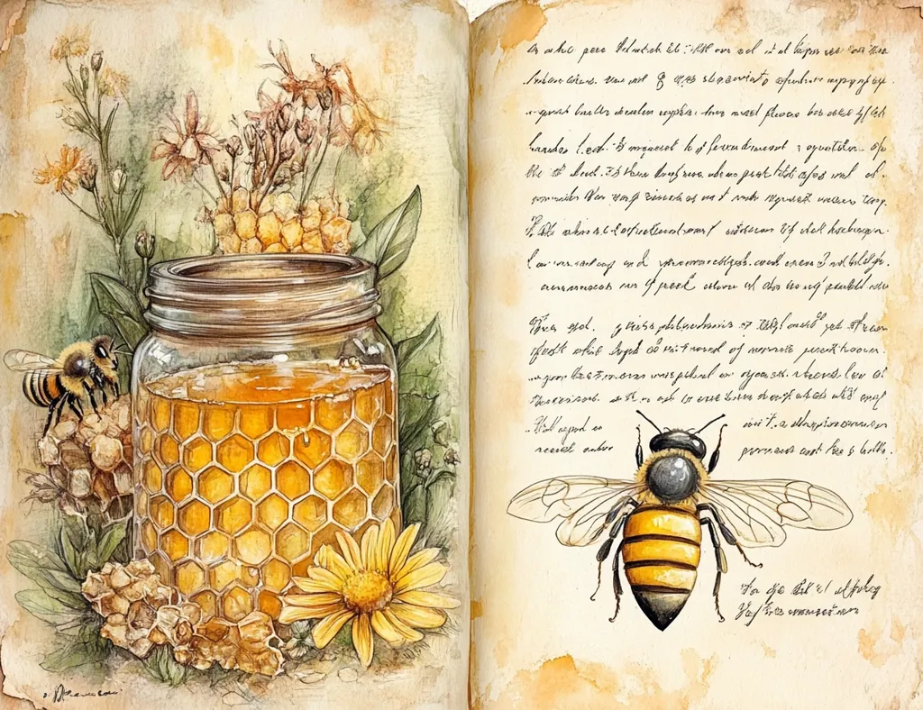 The image is a watercolor painting depicting a jar of honey, surrounded by honeycombs, bees, and wildflowers.  The jar of honey is filled with golden liquid and the honeycomb is depicted in a realistic style, showing the hexagonal pattern of the cells. The bees, drawn in a delicate style, are buzzing around the honey, and the wildflowers add a touch of color and whimsy to the scene. The painting evokes a sense of nature's bounty and the sweetness of honey.  A handwritten text, seemingly about bees and honey, is on the right side of the page.  The paper has a textured, aged look.