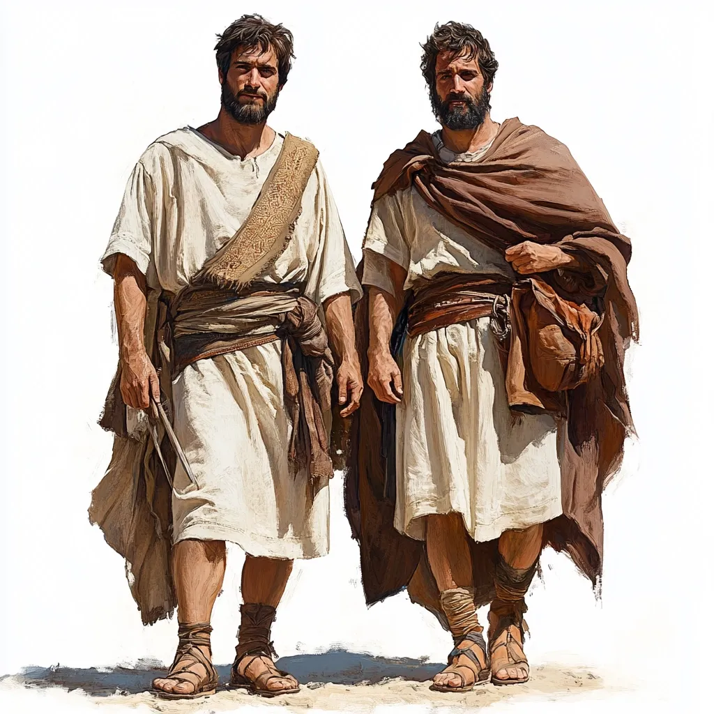 Two men, dressed in long white tunics and brown robes, stand with their bodies facing forward. The man on the left wears a simple tunic and brown belt, while the man on the right has a brown shawl wrapped around his shoulders and a leather pouch hanging from his belt. Both men have dark beards and are wearing sandals. They stand against a white background.  The painting is likely depicting a scene from the Bible or a similar religious text.