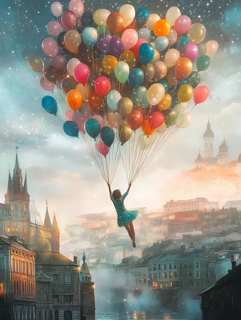 A young girl in a blue dress floats through the air, suspended by a large cluster of brightly colored balloons. The balloons ascend against a backdrop of a misty cityscape, with ornate buildings and a river winding through the scene. The sky is filled with twinkling stars, creating a magical and whimsical atmosphere.
