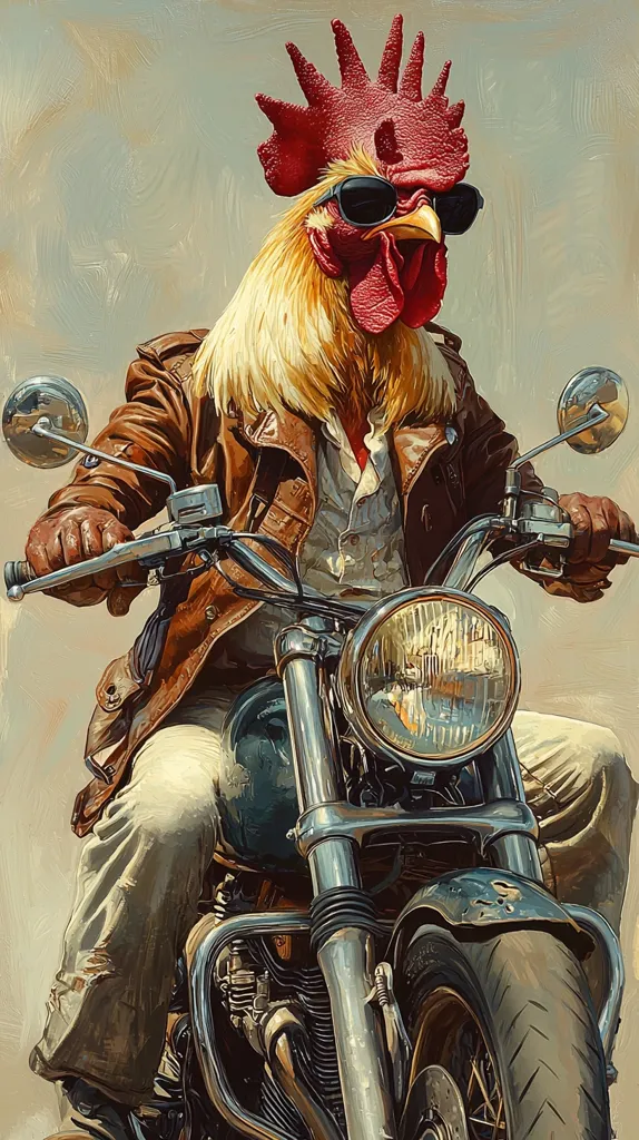 A rooster wearing a brown leather jacket and sunglasses is riding a motorcycle. The rooster is holding onto the handlebars with its talons and has a serious expression on its face. The motorcycle is shiny and new, and the rooster is dressed for a road trip.  The background is a simple light beige.