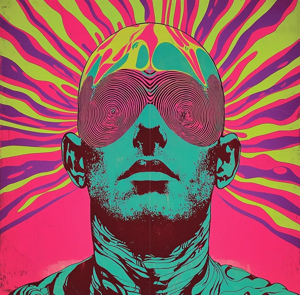 A psychedelic illustration of a man's face with large, hypnotic spiral eyes. The background is a swirling mix of vibrant pink, purple and green.  The man's head is bald, and his skin is a bright green. The overall effect is trippy and hypnotic.