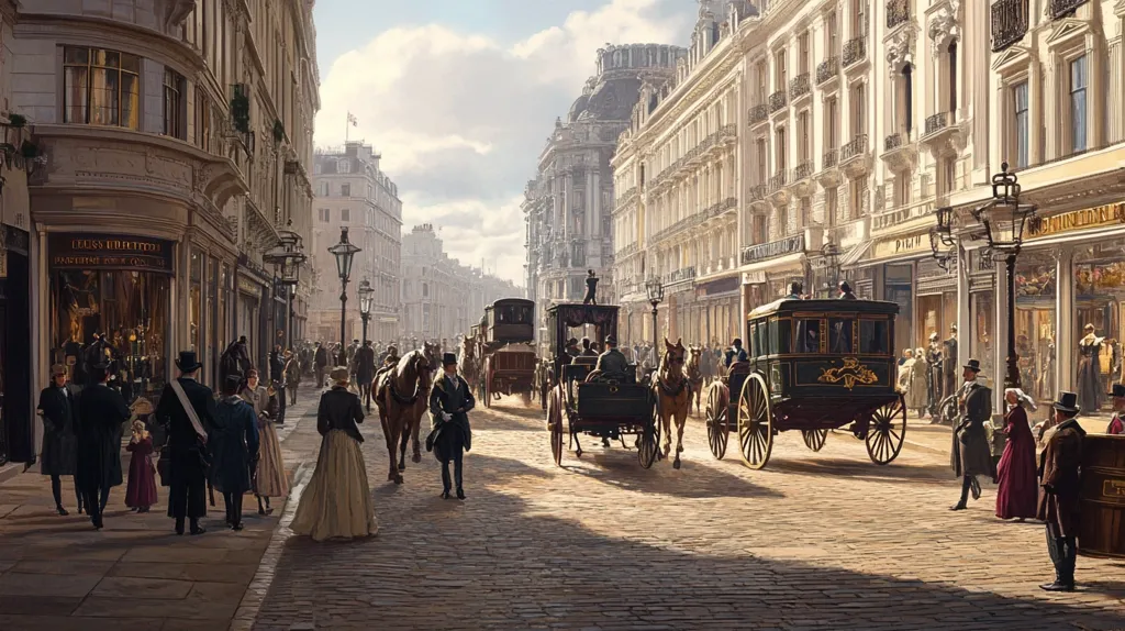 A bustling city street in the late 19th century is filled with horse-drawn carriages and pedestrians. The street is lined with tall buildings with ornate windows and shopfronts. The scene is bathed in warm sunlight, casting long shadows on the cobblestone street. People in stylish clothing are walking, shopping, and riding in carriages.  A carriage with a green and gold canopy is particularly prominent in the middle ground. The image conveys a sense of energy and activity, characteristic of a thriving urban center.