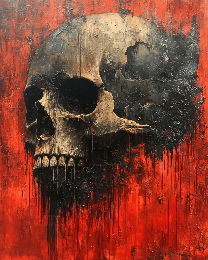 The painting depicts a human skull in a dark, almost ominous style. The skull is painted in shades of grey and black, with details of the teeth and eye sockets clearly visible. The background is a vibrant red, with black paint dripping down the canvas. The overall effect is one of decay and decay, with the skull seemingly melting into the red background. The painting could be interpreted as a representation of death or mortality, with the skull symbolizing the inevitability of death and the dripping black paint representing the decay of the body.