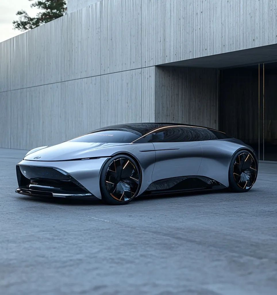A sleek, silver sports car with black accents sits in front of a modern, concrete building. The car has a low profile and a distinctive design with sharp lines. The wheels have gold accents. The car is parked on a concrete surface, and the building is partially obscured by a glass panel. The overall impression is one of sleekness, modernity, and sophistication.