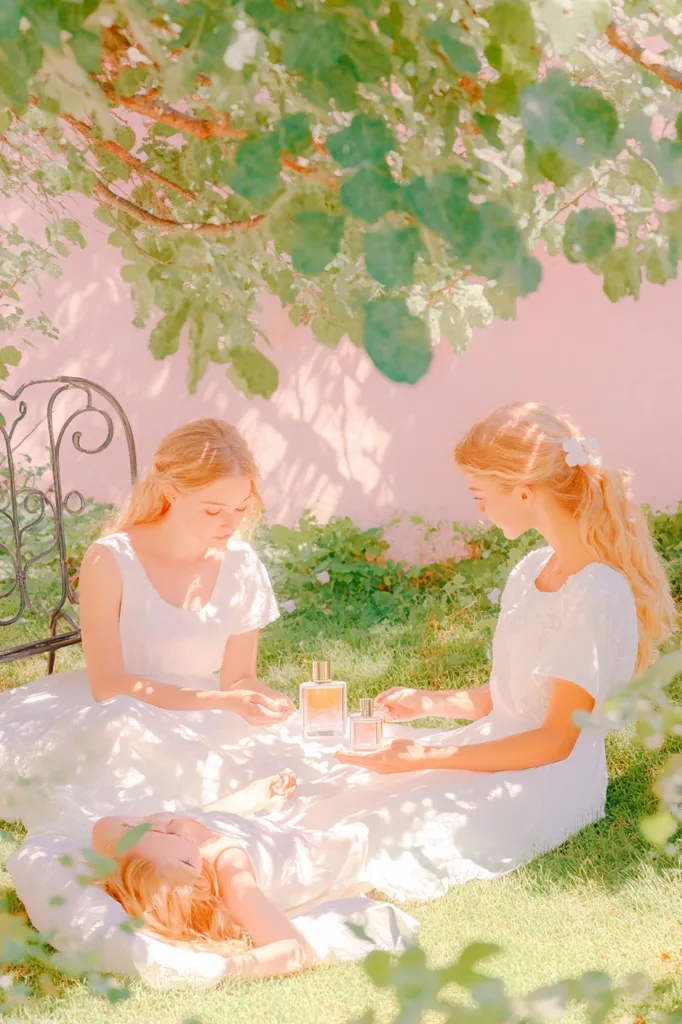 Three young women are sitting in a grassy field under a leafy tree. They are all dressed in white, and two of them are looking at their hands. A small bottle of perfume is visible in the foreground. The image is warm and inviting, with a soft, dreamy feel. The colors are pastel and muted, giving the image a delicate and feminine quality.