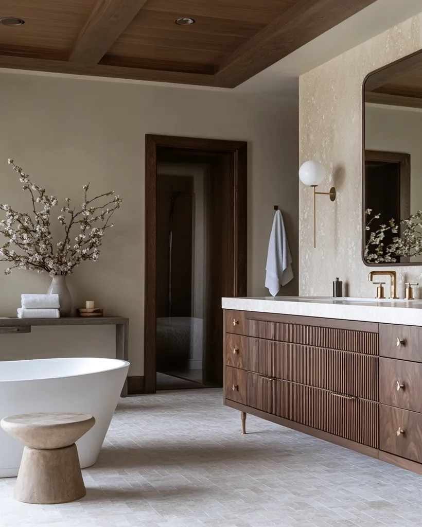 The image shows a modern bathroom with a white freestanding bathtub and a large vanity with vertical wood panels. The vanity has a white countertop with a large mirror and a gold faucet. A white towel hangs on a rack next to the mirror. The floor is tiled in a light grey color. A wooden stool sits next to the bathtub and a vase of white flowers sits on a shelf. The bathroom has a light and airy feel with a simple and elegant design.